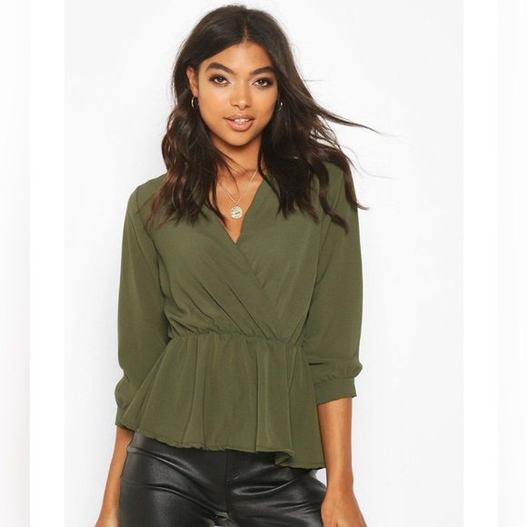 Boohoo Chiffon Peplum Green Blouse - Picture 1 of 6